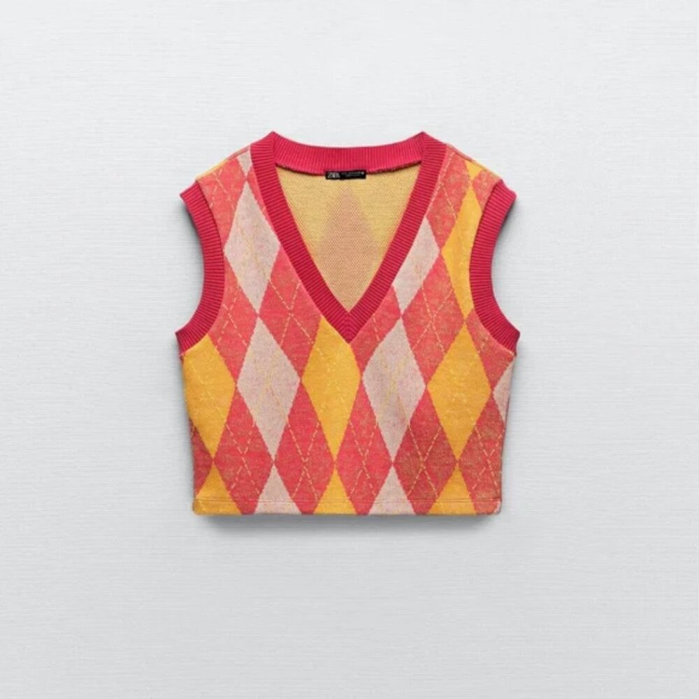 Zara Argyle Printed Knit Vest M - Picture 5 of 6